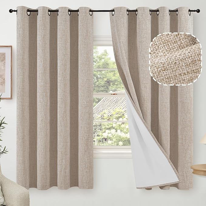 60 Inch Wide Linen Blackout Curtains for Bedroom 63 Inch Length 2 Panels, Total Black Out Thermal Insulated Energy Efficiency Grommet Boho Window Drapes White Liner for Modern Farmhouse, Beige