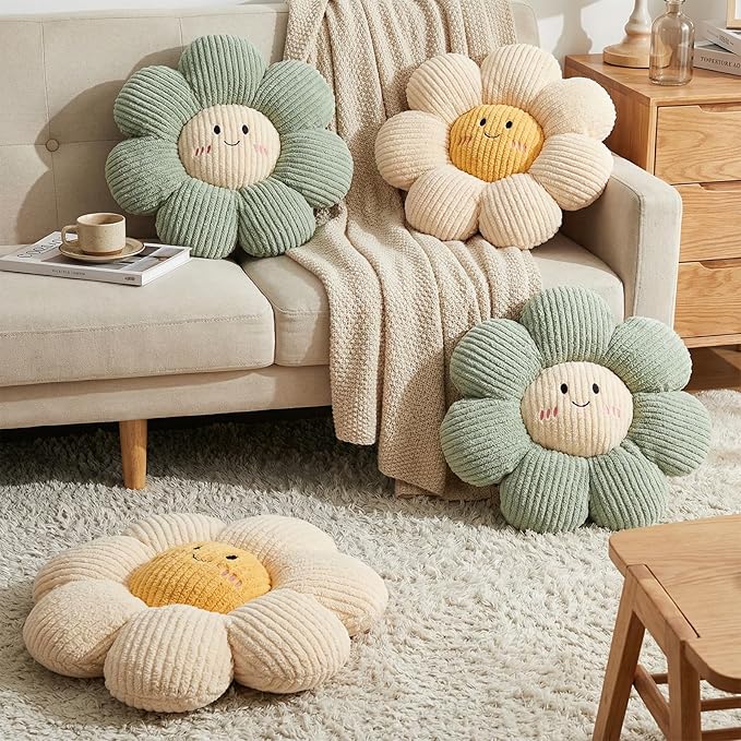 Novabright 2 Pcs Smile Flower Throw Pillows 15" Blue Flower Throw Pillows Decorative Daisy Floor Seating Cushion Aesthetic Cute Seat Cushion for Bed Sofa Couch Home Living Room Bedroom Chair