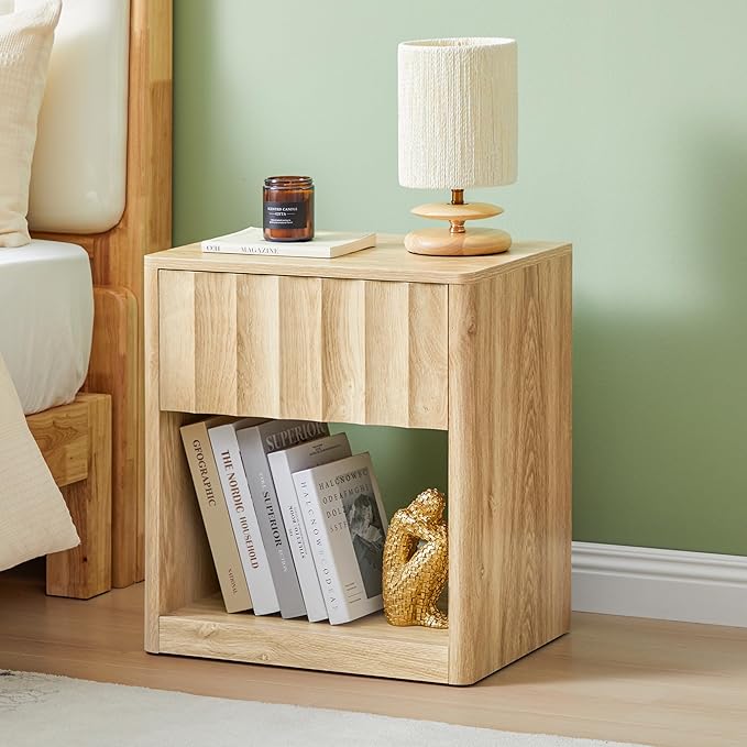 Fluted Dresser, Small Nightstands Set of 2, Natural Bedside Table with Drawer and Storage, Mid Century Modern Side Table for Bedroom Sofa