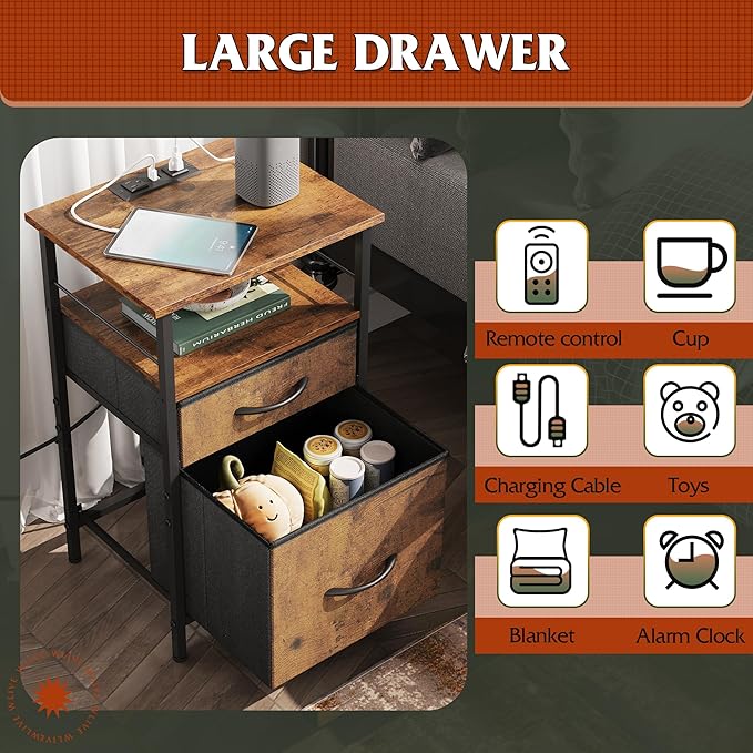 WLIVE Nightstand with Charging Station, End Table with 2 Fabric Drawers for Storage, Small Bedroom Dresser, Bed Side Table, 2 USB Ports and 2 Outlets, Easy Assembly, Rustic Brown