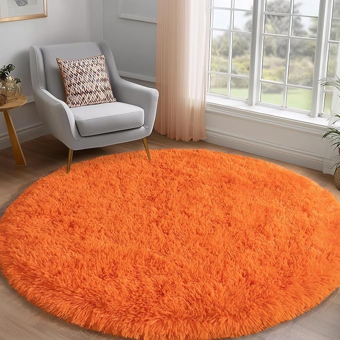Round Orange Rug for Bedroom, 5 ft Circle Area Rugs for Living Room, Soft Fluffy Shag Carpet for Teen Girls Boys Nursery Room Dorm Home Decor Aesthetic