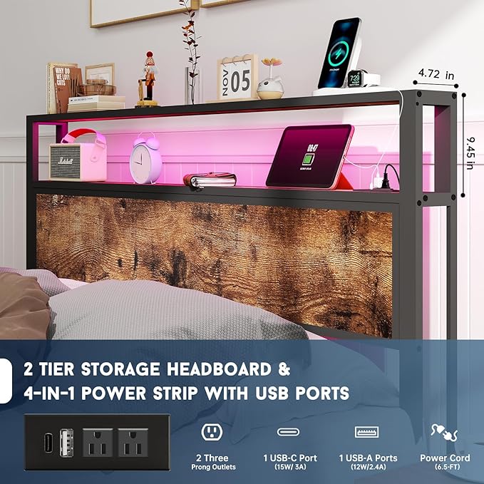 Queen Size Bed Frame with 2-Tier Storage Headboard with Charging Station and 12 Color LED Lights,2 Tier Solid Wood Headboard Storage,Noise Free, No Box Spring Needed/Remote Control/Vintage Brown