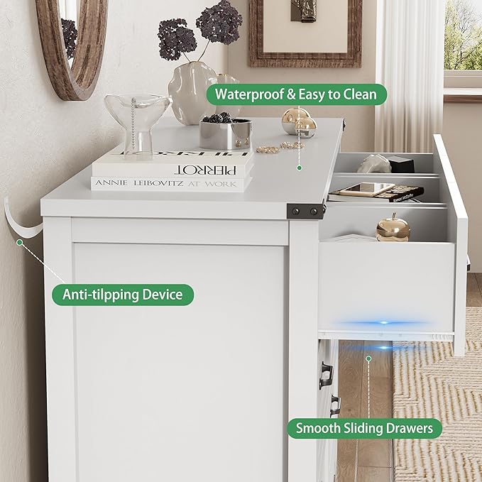 Dresser for Bedroom with 9 Drawers, 59" Wide Modern Chest of Drawers with Deep Drawers & Mental Handle, Wood Dresser TV Stand, Wooden Closet Storage Organizer for Living Room, Hallway, Entryway, White