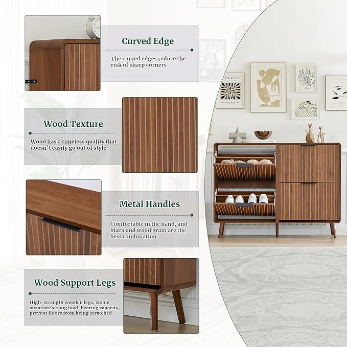 47" Fluted Large Shoe Cabinet with 4 Flip Drawers, Slim Freestanding Shoe Cabinet Organizer, Narrow Shoes Storage Rack for Entryway, 5 Sturdy Legs (All Walnut, 9.45" D x 47.24" W x 35.83" H)