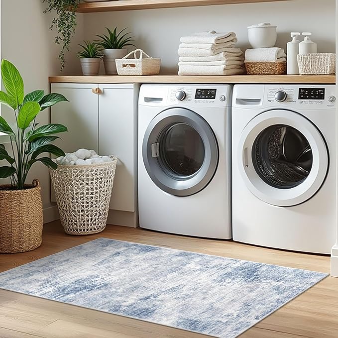 IOHOUZE Abstract Runner Rug 2x5 Ft Washable Runners for Hallways, Non Slip Kitchen Runner Printed Faux Wool Entryway Runner Indoor, Modern Floor Carpet for Hall Kitchen Bedroom, Light Blue White