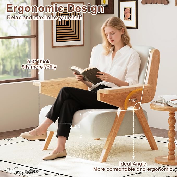 Accent Chair Mid Century Modern Chair, Velvet Upholstered Lounge Arm Chair with Solid Wood, Cozy Reading Chair for Living Room, Bedroom, Balcony(White)