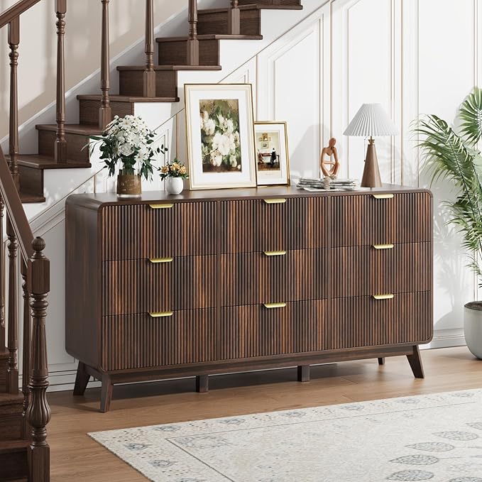 QUW Fluted 59.1" Wide Modern Dresser for Bedroom with 9 Drawers, Tall Chest of Drawers with Metal Handle, Wooden Dresser TV Stand, Hallway, Living Room, Dark Walnut