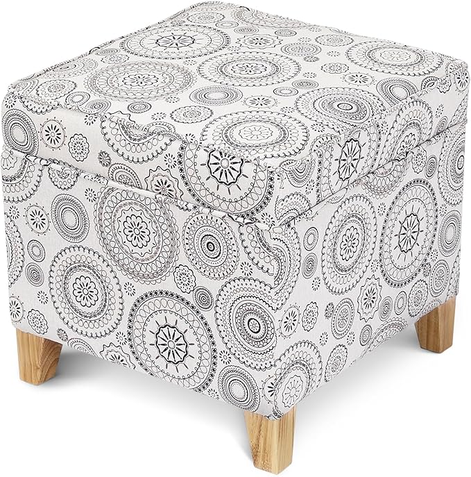 Adeco 17" Square Ottoman with Storage, Small Mandala-Persian Flower Pattern Storage Ottoman Foot Rest with Hinged Lid & Solid Wood Legs, Linen Fabric Foot Stool for Living Room & Bedroom