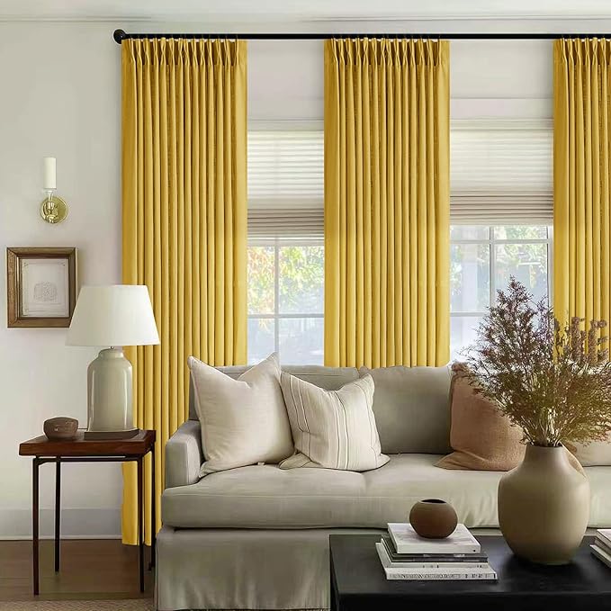 Farmhouse Mustard Yellow Linen Curtains 102 Inches Long for Living Room Pinch Pleated Drape with Hooks Rings for Track System Light Filtering 102 Inch Curtain for Bedroom Sliding Patio Door 2 Panels