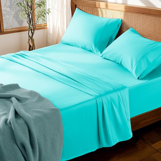 LBRO2M 100% Cotton Sheets Set Deep Pocket 19", 1000 Thread Count Queen Size 4 Piece Bed Sheet Sets Soft Comfortable Bedding All Season (Queen, Lake Green)