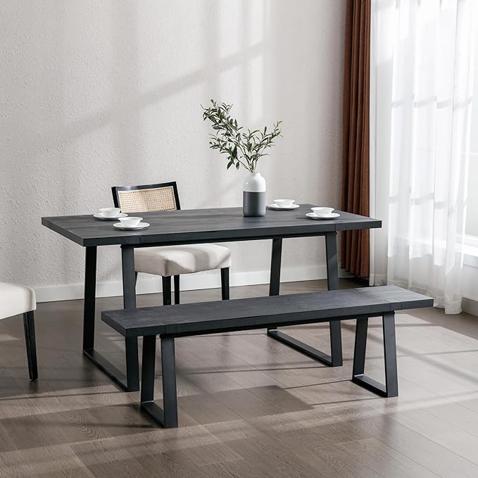 Wahson 60" Black Dining Bench, Wooden Table Bench with Metal Legs, Modern Kitchen Bench for Enrtyway/Indoor/Dining Room