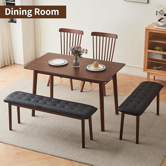 40'' Solid Wood Dining Bench with Cushion, Faux Leather Upholstered Bench for Dining Room Table, Kitchen, Entryway, or Bedroom End of Bed, Black