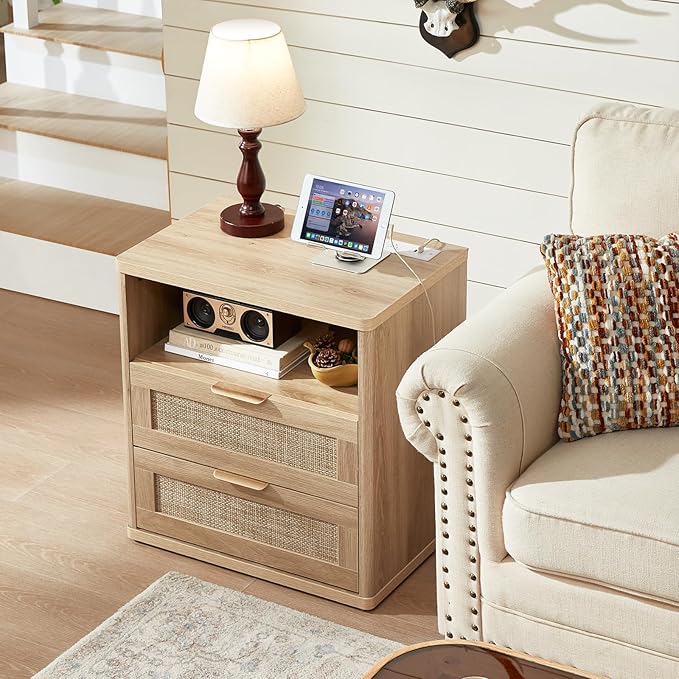 LEYAOYAO Rattan Dresser and Nightstand Set of 2, Boho Wood Dresser for Bedroom with 6 Drawers and Night Stand with Charging Station, Bedroom Furniture, Dressers & Chests of Drawers,Living Room,Hallway