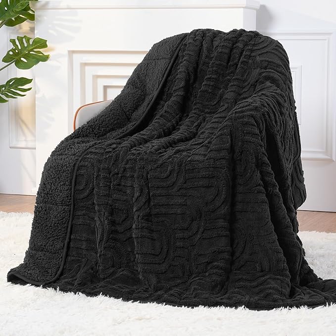 Sherpa Fleece Adult Weighted Blanket Great for Sleep, 20 lbs Dual Sided Soft Fuzzy Heavy Blankets for Couch Bed Sofa, Cozy Warm Fluffy Arched Jacquard Throw for Winter (Black, 60" x 80", 20 Pounds)