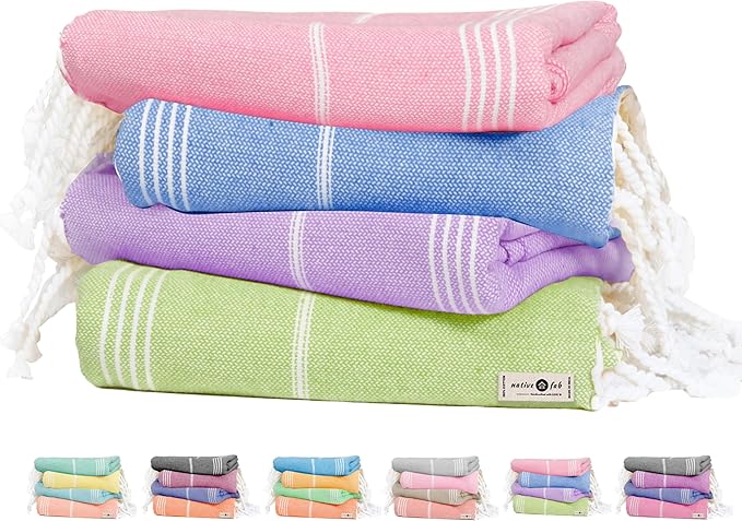 Native Fab 4 Pack Turkish Cotton Beach Towels, Oversized, Soft, Sand Free, Absorbent, Quick Dry, Lightweight for Bath, Pool, Travel, Spa - Rose Pink, Sky Blue, Lavender, Lemon Green