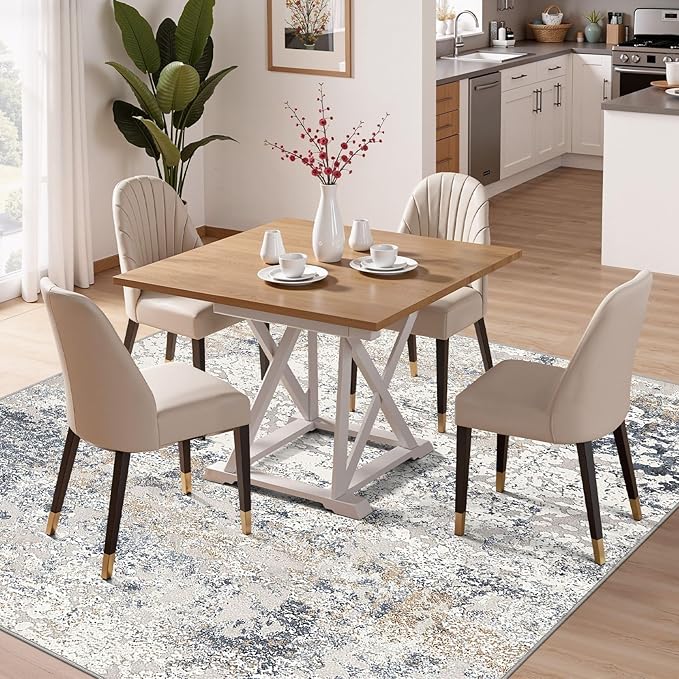 Square Area Rug Living Room Rugs - 8x8 Washable Large Soft Indoor Neutral Modern Abstract Low Pile Rug Carpet for Bedroom Dining Room Farmhouse Home Office - Beige Blue