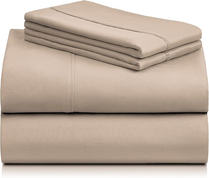 LuxClub 4 PC California King Sheet Set, Deep Pockets Wrinkle Free Cooling Bed Sheets Hotel Bedding for Women, Men, Includes 1 Fitted Sheet, 1 Flat Sheet and 2 Pillowcases-Light Khaki