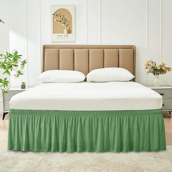Biscaynebay Wrap Around Bed Skirts for Queen Beds 16" Drop, Sage Adjustable Elastic Dust Ruffles Easy Fit Wrinkle Resistant Silky Luxurious Fabric Machine Washable