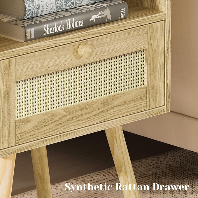 SUPERJARE Nightstand with Charging Station & Rattan-Like Decor Drawer, Rattan End Table with Solid Wood Feet, Bed Side Table with Open Storage, for Bedroom, Living Room, Dormitory - Natural