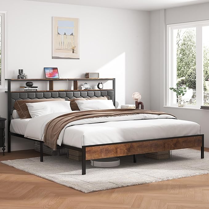 Full Size Bed Frame with Storage Headboard & Charging Station, Platform Bedframe with LED Lights, Upholstered Headboard, Metal Slat Support, No Box Spring Needed