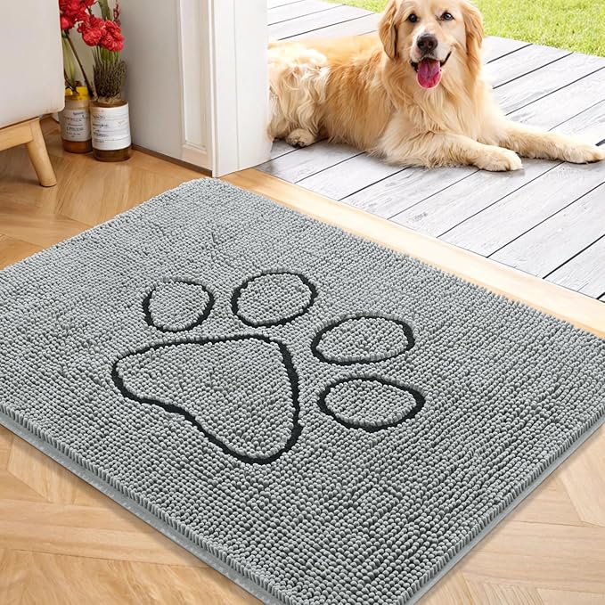 OLANLY Dog Door Mat for Muddy Paws 40x32, Paw Print Design, Absorbs Moisture and Dirt, Absorbent Non-Slip Washable Doormat, Quick Dry Chenille Mud Mat for Dogs, Entry Indoor Entryway Carpet, Grey