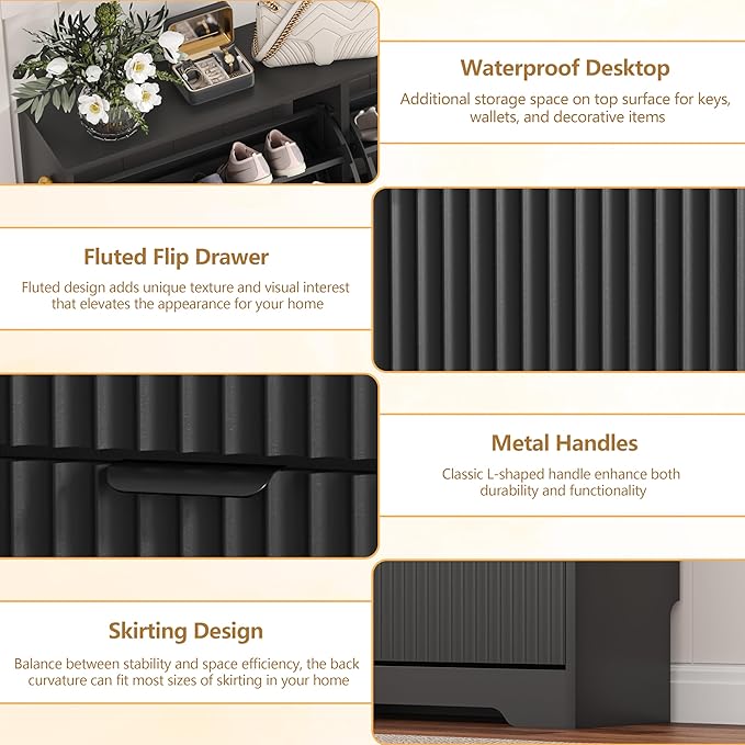 Shoe Cabinet Storage for Entryway with 3 Flip Drawers, Black Fluted Shoe Cabinet with Adjustable Shelves, Wooden Hidden Shoe Rack Freestanding Narrow Slim Shoes Storage for Hallway, Entrance