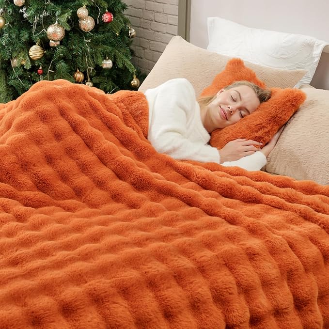 Cozy Bliss Faux Fur Throw Blanket for Couch, Bubble Plush Blanket Queen Size, Fuzzy Soft & Thick Blanket for Fall Bed Sofa Living Room, 90x90 Inches Halloween Burnt Orange