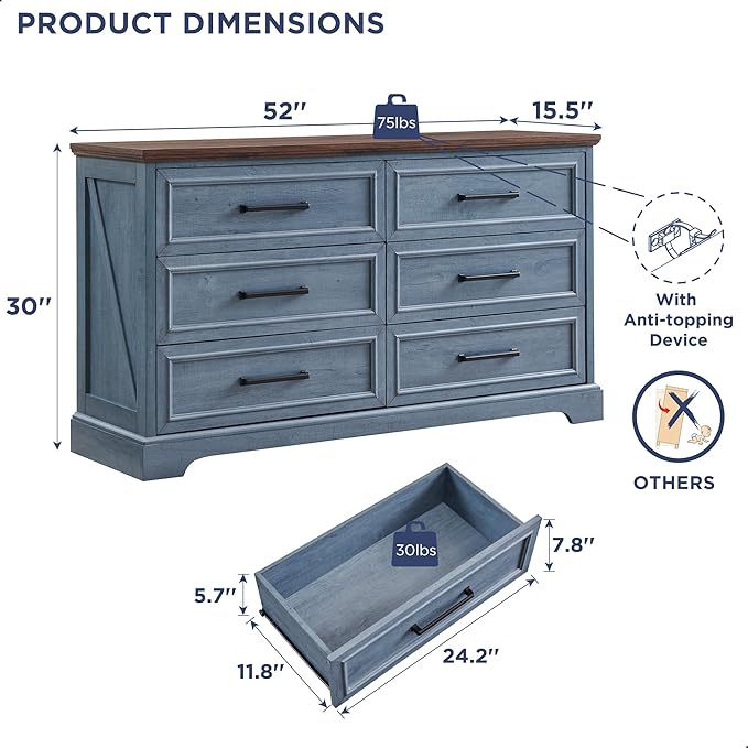 JXQTLINGMU Farmhouse 6 Drawers Dresser for Bedroom, 52'' Wide Large Wood Dressers with Bar Handles, Chests of Drawers with Storage Dressers Organizer for Bedroom, Hallway, Blue