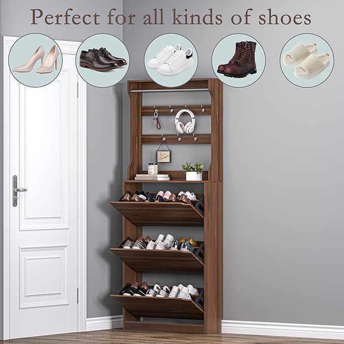 Shoe Cabinet with 3 Flip Drawers & Coat Rack, Narrow Hidden Shoe Storage Cabinet, 2-in-1 Hall Tree Slim Freestanding Shoe Rack Organizer for Entryway, Hallway, and Living Room