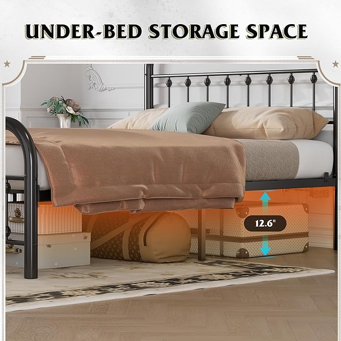 WLIVE Metal Platform Bed Frame, Full Size Bed Frame with Headboard, Bed Frames with LED Lights and Charging Station, 1500LBS Mattress Foundation, Under Bed Storage, No Box Spring Needed, Black