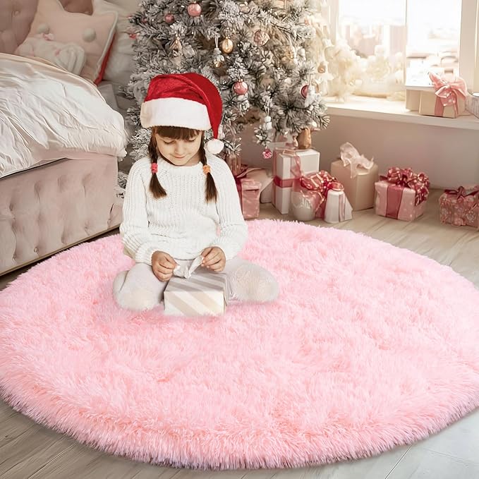 Round Pink Rug for Bedroom, 7ft Circle Area Rugs for Living Room, Soft Fluffy Shag Carpet for Girls Teen Nursery Room Dorm Home Decor Aesthetic