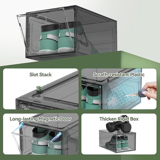 Thicken Hard Clear Shoe Storage Organizer for Closet, 12 Pack Modular Plastic Stackable Shoe Storage Box Organizer, Shoe Sneaker Rack Display Case Containers Bins with Lids, Grey