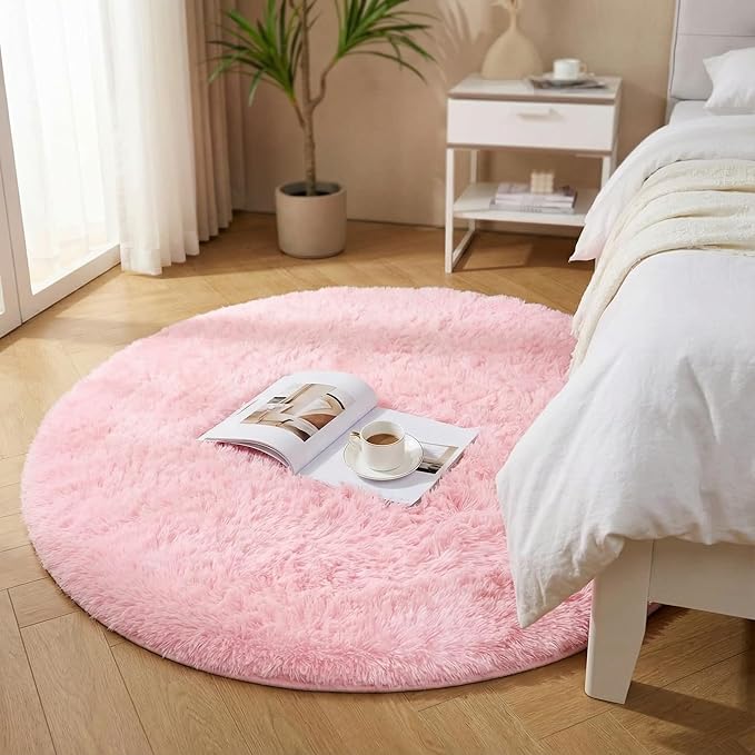 duduta Pink Fluffy Round Rug 4x4 ft, Shag Fuzzy Plush Circle Throw Rug for Nursery Bedroom Living Room Home Decor