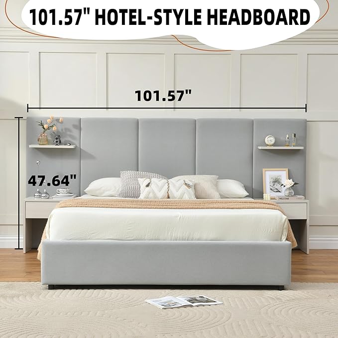 Queen Bed Frame with Storage & Built-in Nightstands, Velvet Upholstered Platform Bed Frame with Drawers & 2 Floating Storage Shelves, Noise-Free, No Box Spring Needed, Easy Assembly, Gray