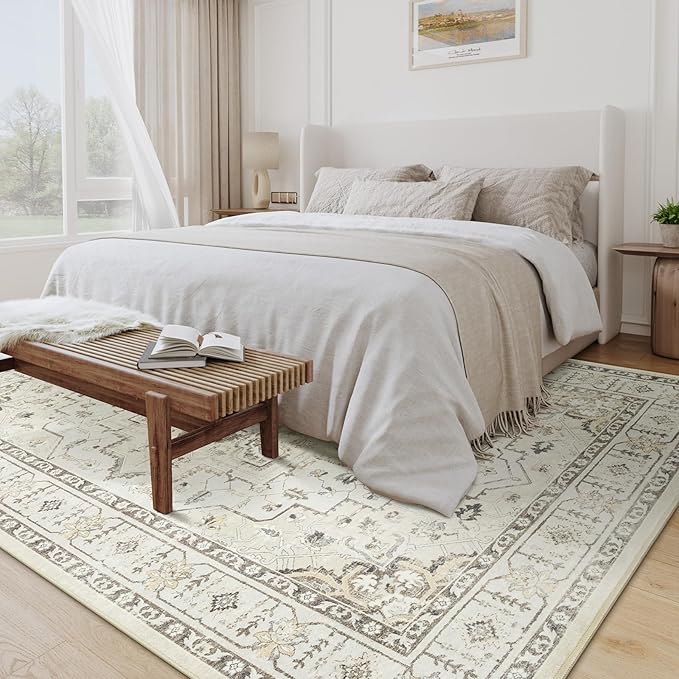 zesthome 5x7 Area Rugs, Machine Washable Rugs for Living Room, Bedroom,Stain Resistant Vintage Large Area Rug,Non-Slip Medallion Pattern Home Decor Rugs (Beige,5'x7')