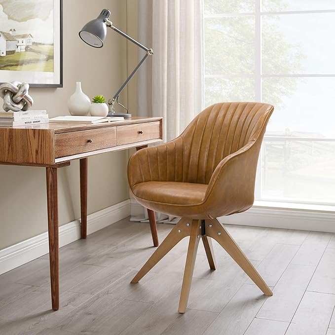 Zouron Mid Century Modern Accent Chairs with Wooden Legs, Swivel Desk Chair No Wheels, Faux Leather Vanity Side Chair for Small Space Home Office Living Room Bedroom, Brown