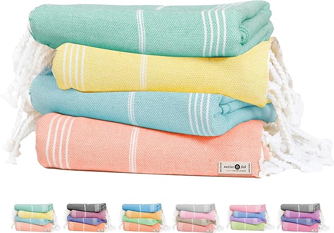 Native Fab Turkish Towels Set of 4, Large 40x71 Inches, Soft, Fast Drying, Lightweight, Absorbent, 100% Cotton Towel for Beach, Bath, Spa, Travel Use - Light Orange, Lemon Yellow, Aqua Blue, Green