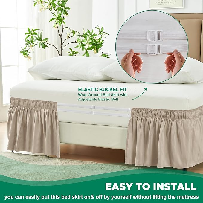 Biscaynebay Wrap Around Bed Skirts for Queen Beds 14" Drop, Light Camel Adjustable Elastic Dust Ruffles Easy Fit Wrinkle & Fade Resistant Silky Luxurious Fabric Solid Machine Washable