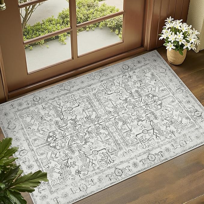 jinchan Lima 2x3 Entryway Washable Rug - Non-Slip Indoor Distressed Doormat Small Rug Low Pile Ultra-Thin Accent Floral Print Indoor Mat for Entrance Kitchen Bathroom Bedroom (2x3ft, Grey)
