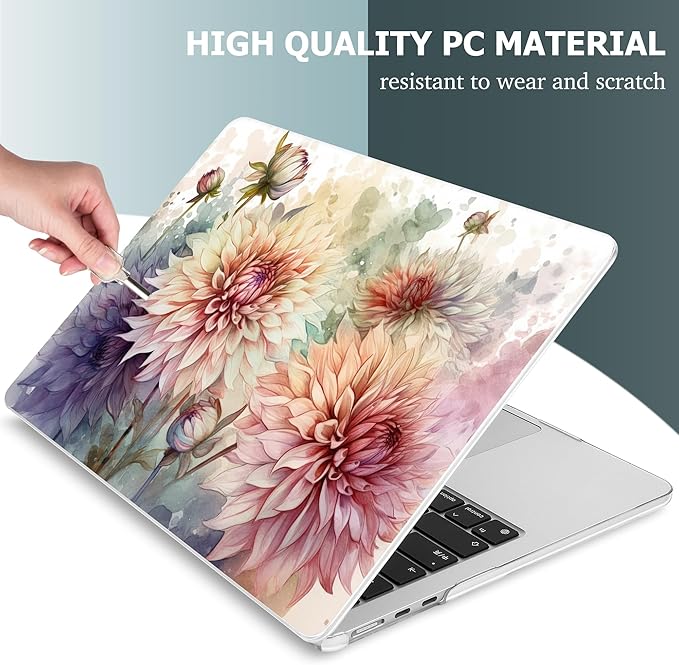 Mektron for 2025 M4 MacBook Air 13.6 Inch A3240 Case Fits 2023 A2681 M2 2024 A3113 M3 Chip with Liquid Retina Display, Printed Plastic Hard Shell Cover for MacBook Air 13.6", Watercolor Dahlias