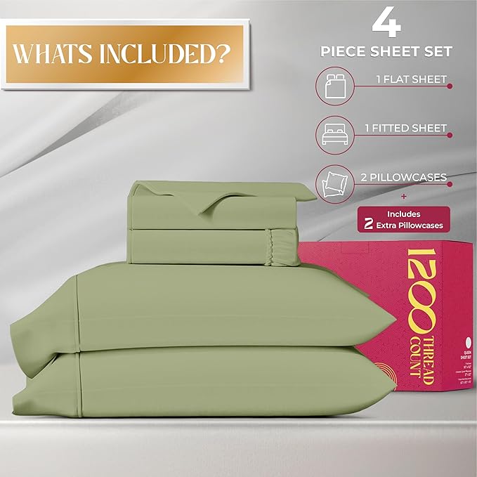 Mayfair Linen 100% Egyptian Cotton Full Size Bed Sheets - Luxury 1200 Thread Count Egyptian Cotton Sheets Full Size Bed Set (4 PC, Sage Green), Soft, Cooling, 17" Deep Pocket Sateen Weave Bedding