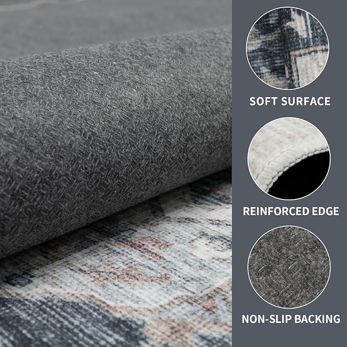 6x9 Vintage Washable Area Rug for Living Room,Low Pile Non Slip Carpet Non-Shedding Area Rug Soft Indoor Stain Resistant Rug Floral Print Mat for Bedroom Dining Room Blue Beige