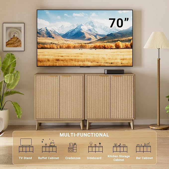 Sideboard Cabinet, Small Buffet Cabinet, Modern Fluted Storage Cabinet with Adjustable Shelf & Doors, Accent Credenza Sideboard for Kitchen, Coffee Bar, Living Room, Entryway, Hallway