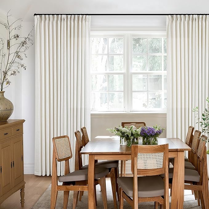 Natural Pinch Pleated Linen Curtains 84 Inch Length 2 Panels for Living Room Bedroom Textured Cream Ivory Birch Semi Sheer Boho Neutral Back Tab Pinch Pleat Hooks Rings Window Curtain 84 Inches Long