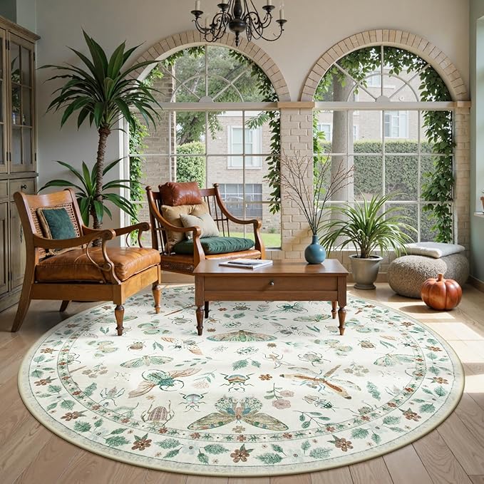 Lahome Insect Washable Round Area Rug, Soft Round Rugs 6ft Ultra-Thin Non-Slip, Boho Large Circle Carpet for Bedroom Living Room Kitchen Nursery, Beige
