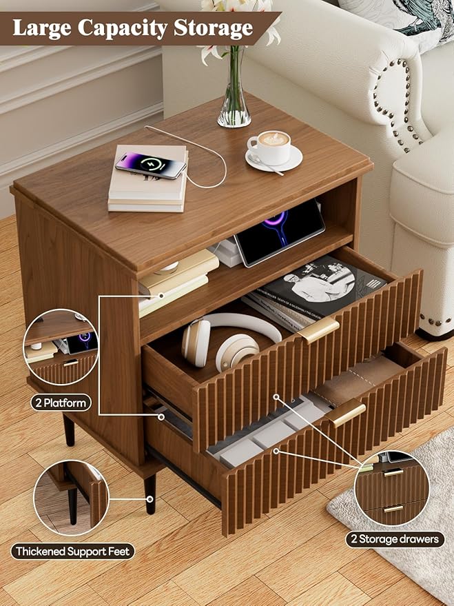 Modern Nightstand with Charging Station, 2-Drawer Fluted Wood Bedside Table with USB, Type-C & AC Outlets, Metal Legs, Perfect for Your Bedroom (Walnut, 23.3)