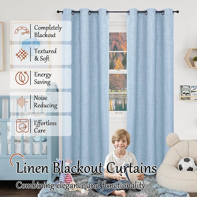 Baby Blue Linen Blackout Curtains for Nursery 80 Inch Length 2 Panels Set, Thermal Insulated Boho Total Black Out Noise Reducing Bonzer Grommets Window Curtains for Kids Bedroom, Each 38 Inch Wide