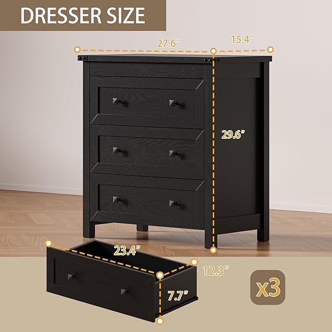 3-Drawer Dresser, Small Wooden Chest of Drawers with Metal Knobs, Water-Resistant Top, Storage Organizer with Anti-Tip Kit for Bedroom, Nursery, Living Room