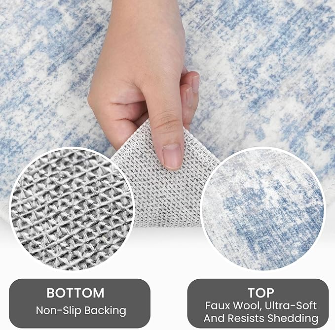 IOHOUZE Abstract Runner Rug 3x16 Ft Washable Runners for Hallways, Non Slip Kitchen Runner Printed Faux Wool Entryway Runner Indoor, Modern Abstract Floor Carpet for Hall Stair, Light Blue White
