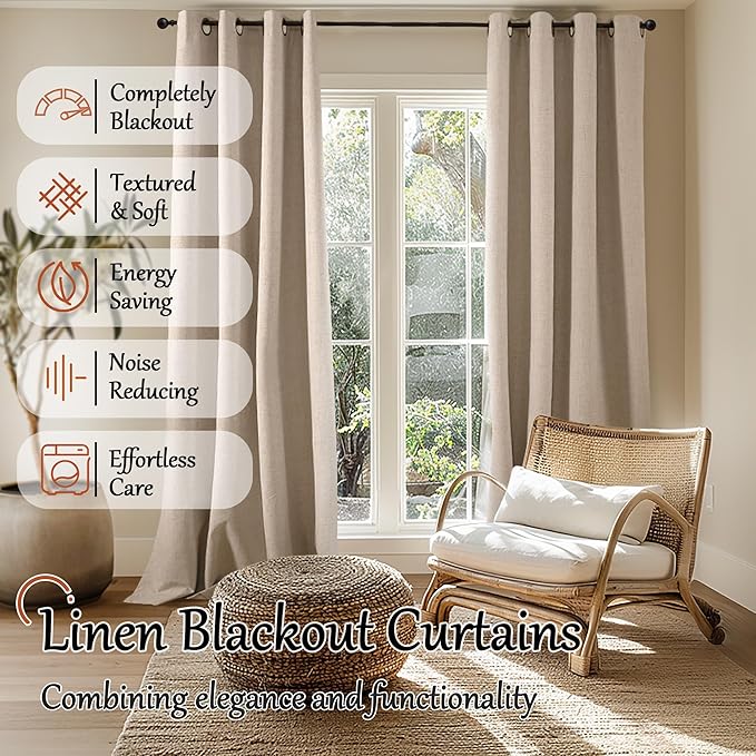 60 Inch Wide Linen Blackout Curtains for Living Room/Bedroom 84 Inch Length 2 Panels, Total Black Out Thermal Insulated Soundproof Grommet Boho Window Drapes White Liner for Modern Farmhouse, Beige